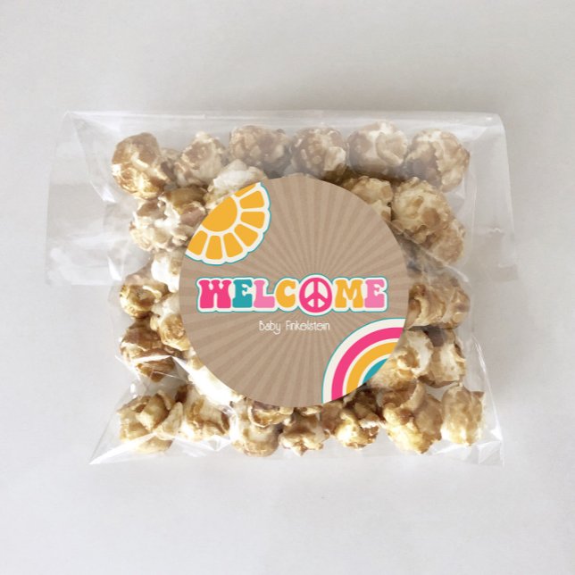 Peace Groovy Hot Pink Brown Baby Shower Hippie Classic Round Sticker (Creator Uploaded)