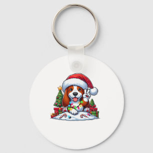 Peace Hand Basset Hound Christmas Lights Dog Women Key Ring