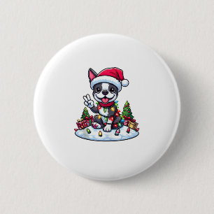 Peace Hand Boston Terrier Christmas Lights Womens 6 Cm Round Badge