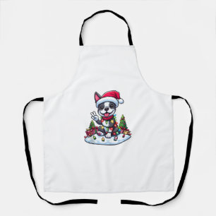 Peace Hand Boston Terrier Christmas Lights Womens Apron