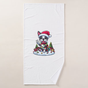 Peace Hand Boston Terrier Christmas Lights Womens  Bath Towel