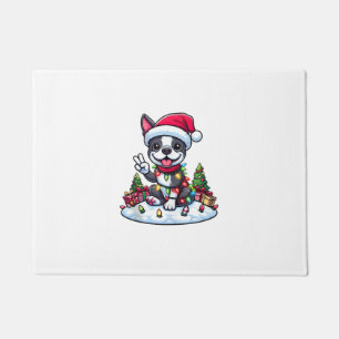 Peace Hand Boston Terrier Christmas Lights Womens  Doormat