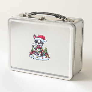 Peace Hand Boston Terrier Christmas Lights Womens Metal Lunch Box