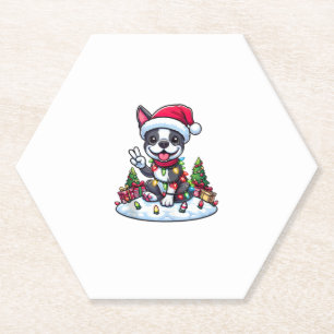Peace Hand Boston Terrier Christmas Lights Womens Paper Coaster