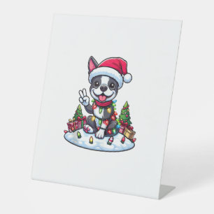 Peace Hand Boston Terrier Christmas Lights Womens Pedestal Sign