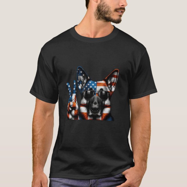 Peace Hand German Shepherd Dog American Flag USA P T-Shirt (Front)
