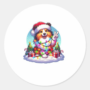 Peace Hand Shetland Sheepdog Christmas Lights Wome Classic Round Sticker