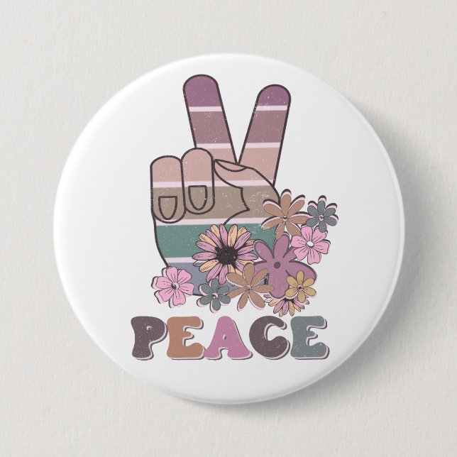 Peace Hand Sign Retro 70s Floral Daisy  7.5 Cm Round Badge (Front)