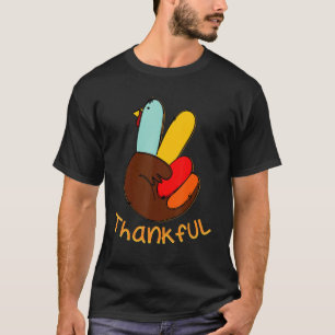 Peace Hand Sign Thankful Turkey Thanksgiving Autum T-Shirt