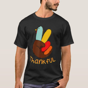Peace Hand Sign Thankful Turkey Thanksgiving Autum T-Shirt