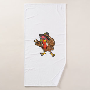 Peace Hand Sign Thankful Turkey Thanksgiving Bath Towel