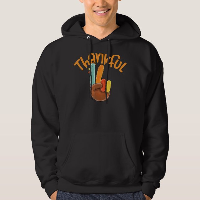 Peace Hand Sign Thankful Turkey Thanksgiving Hoodie (Front)