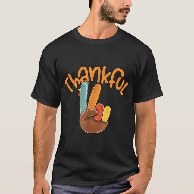 Peace Hand Sign Thankful Turkey Thanksgiving T-Shirt (Front)