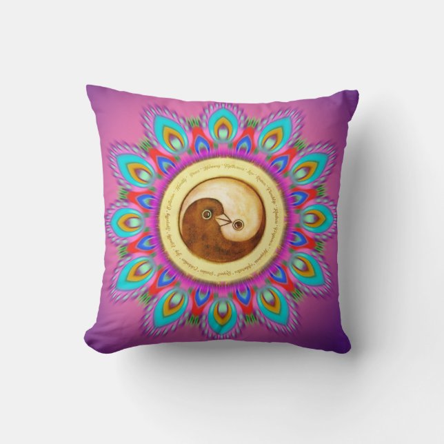 Peace & Harmony doves with psychedelic mandala Cushion (Front)