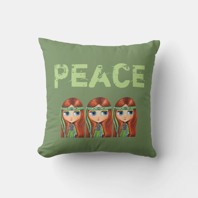 Peace Hippie Girl Chick in Green Headband 1960s Cushion (Front)