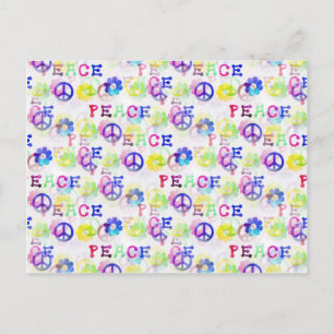 Peace Hippie Groovy Peace Sign Flowers Pattern Postcard