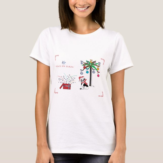 Peace Holiday Greetings, Palm Tree, Dog T-Shirt (Front)