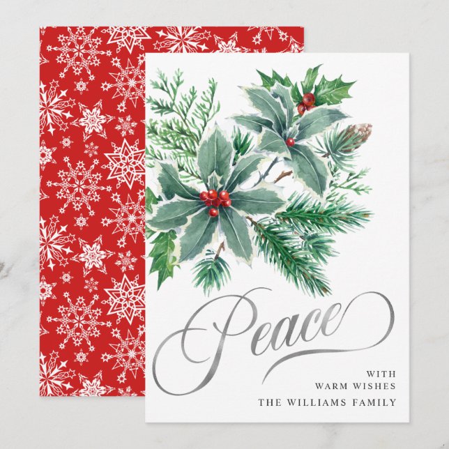 PEACE Holly Berry Branch Christmas Greeting Holiday Card (Front/Back)