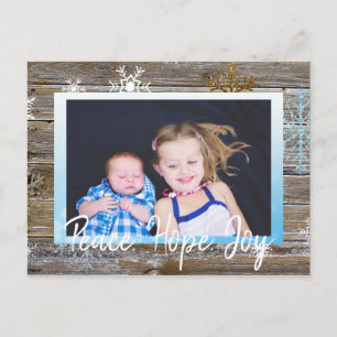 Peace Hope Joy Family Photo Rustic Wood Snowflakes Postcard