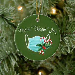 Peace Hope Joy Mask & Candy Canes Ceramic Tree Decoration