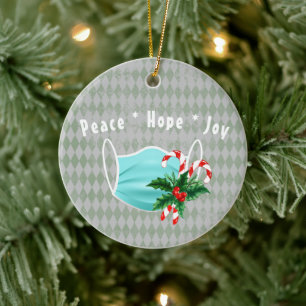 Peace Hope Joy Mask & Candy Canes II Ceramic Tree Decoration