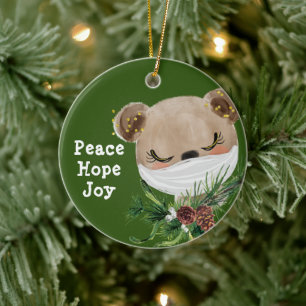 Peace Hope Joy Masked Bear Ceramic Tree Decoration