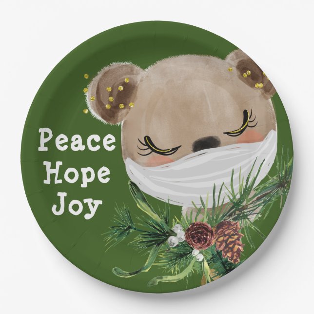 Peace Hope Joy Masked Bear Paper Plate (Front)