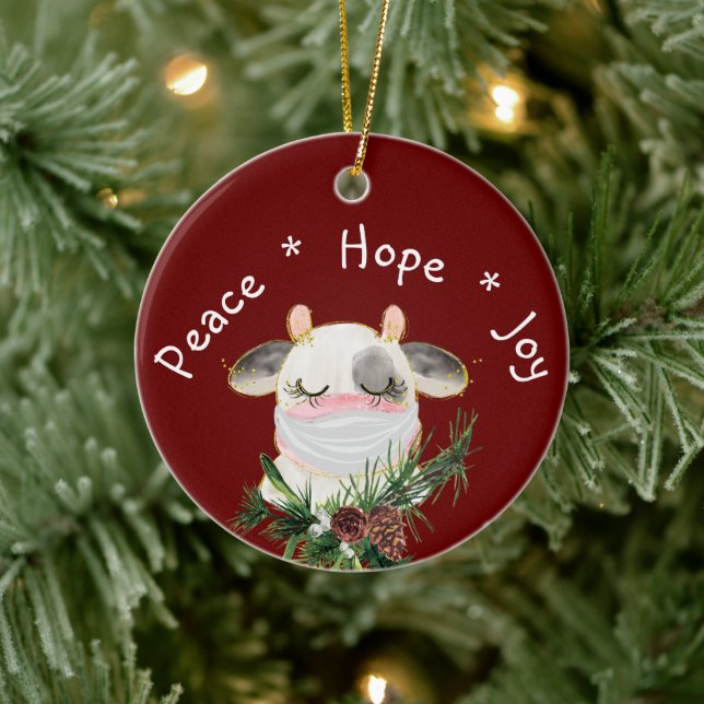 Peace Hope Joy Masked Cow Ceramic Tree Decoration (Tree)