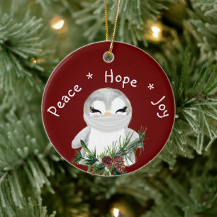 Peace Hope Joy Masked Penguin Ceramic Tree Decoration