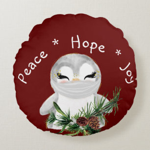 Peace Hope Joy Masked Penguin Round Cushion
