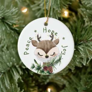 Peace Hope Joy Masked Reindeer Ceramic Tree Decoration