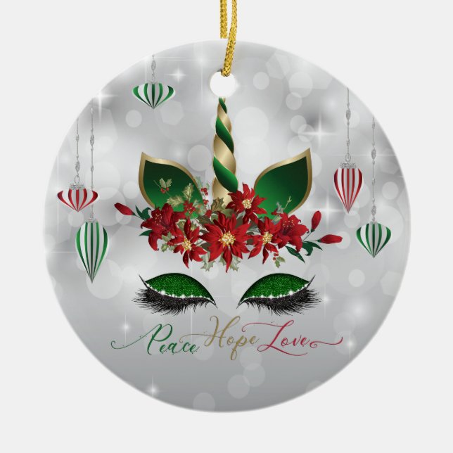 Peace Hope Love   Festive Unicorn Face Ceramic Tree Decoration (Front)