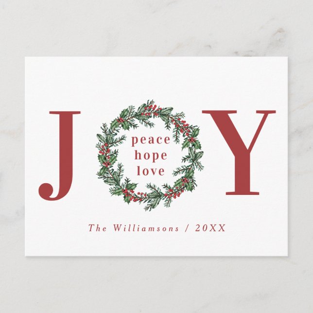 Peace Hope Love Joy Typographic Wreath Holiday Postcard (Front)