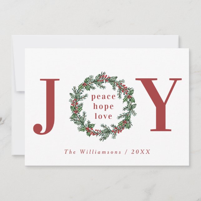 Peace Hope Love Joy Typographic Wreath Photo Holiday Card (Front)
