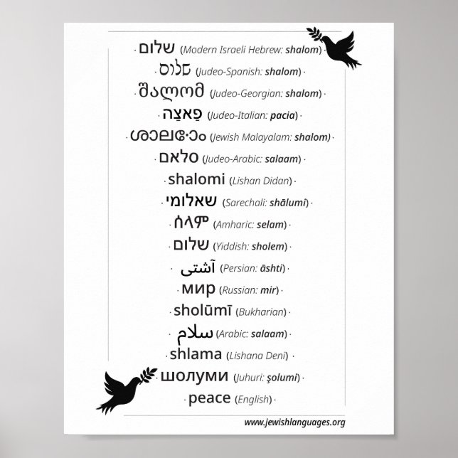 Peace in 17 languages spoken by Jews Poster (Front)