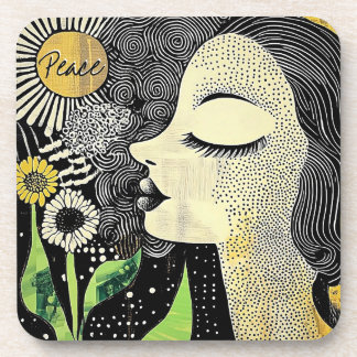 Peace In Bloom Abstract Woman Hard plastic coaster