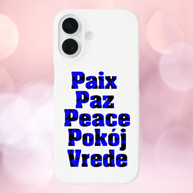 Peace in Different Languages Hearts Blue Black Case-Mate iPhone Case (A cell phone case that says peace in many different languages with a pattern of blue hearts.)