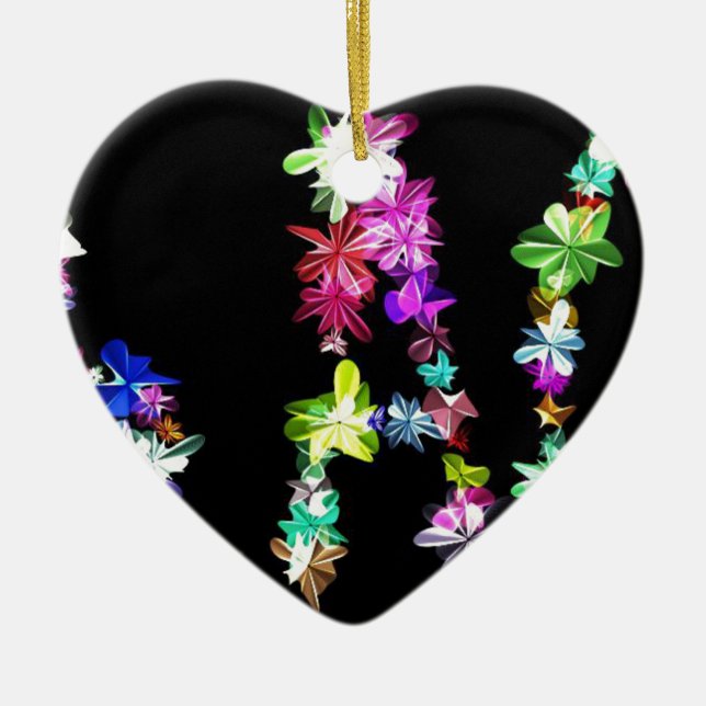 "PEACE" in Flowers Art Print Ceramic Tree Decoration (Front)