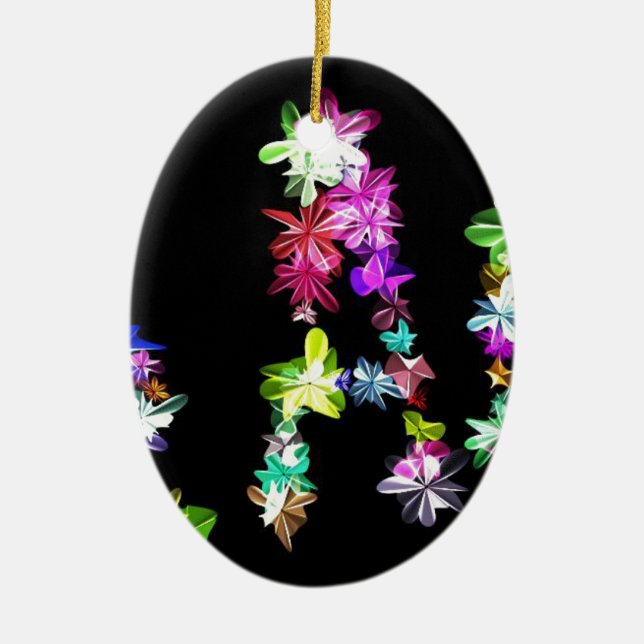 "PEACE" in Flowers Art Print Ceramic Tree Decoration (Front)
