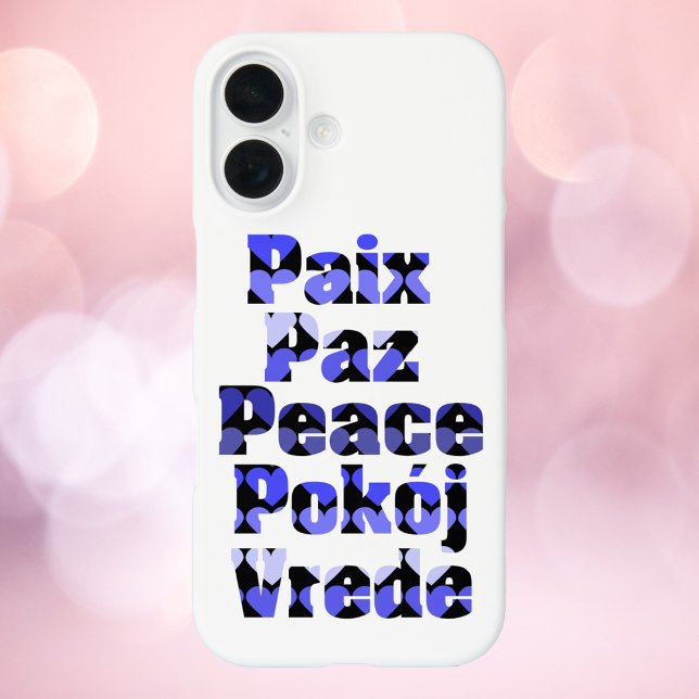 Peace in Foreign Languages Blue Hearts Case-Mate iPhone Case (A phone case that says peace with blue hearts in a variety of languages.)