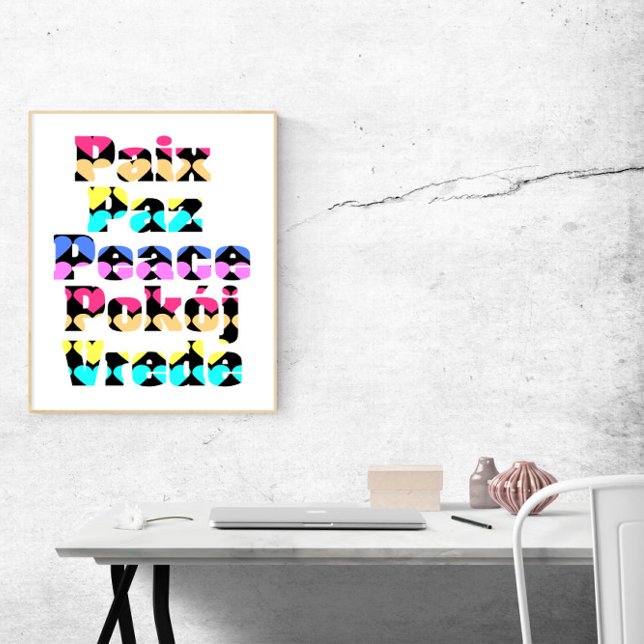Peace in Many Languages Bright Colours Poster (A poster that says peace in many different languages with hearts.)