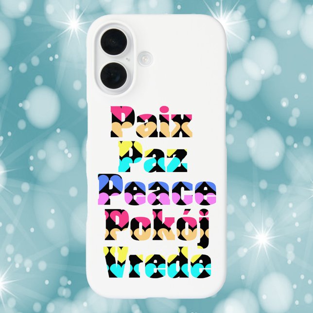 Peace in Many Languages Bright Hearts Case-Mate iPhone Case (A phone case that says peace in different languages with a heart pattern)