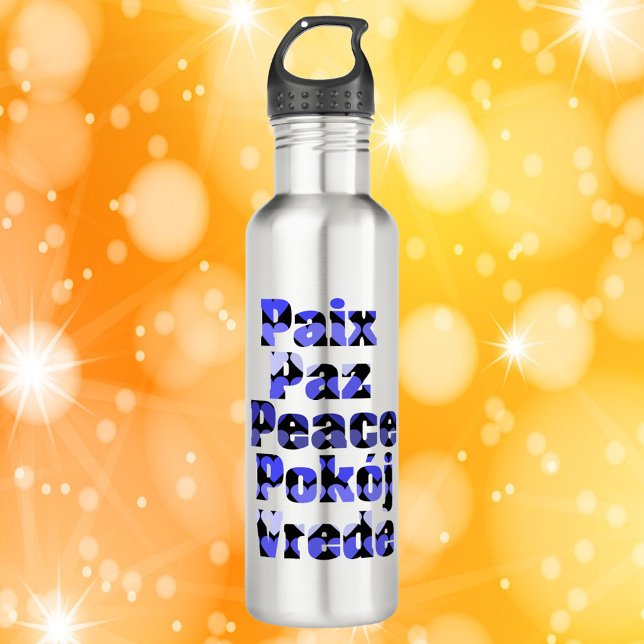 Peace in Many Languages Hearts Blue 710 Ml Water Bottle (A water bottle that says peace in French, Spanish, English, Polish and Dutch)