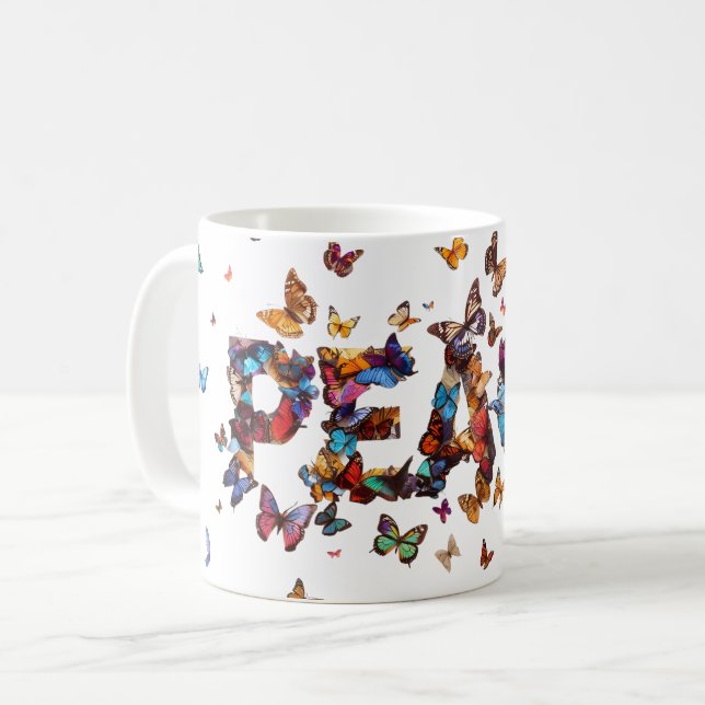 PEACE Joy Butterflies | Inspirational Motivational Coffee Mug (Front Left)