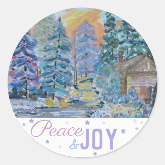 Peace & Joy - Cabin in the Woods Scene (20) Classic Round Sticker (Front)