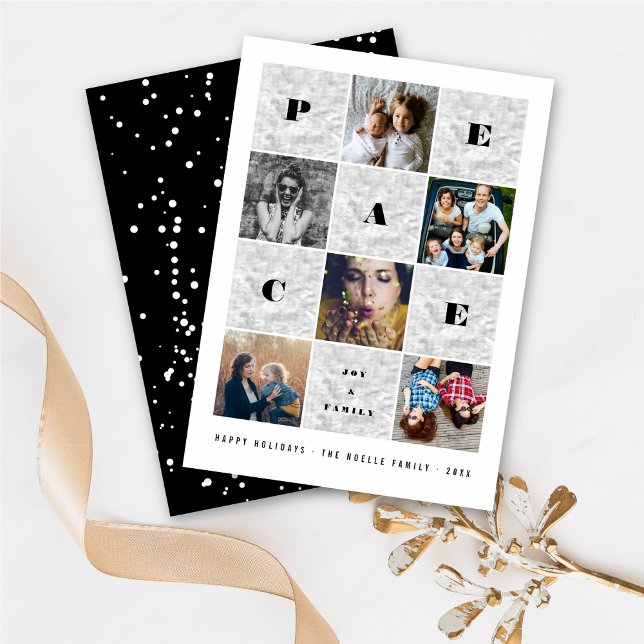Peace Joy Family Silver Blocks 5 Photo Collage Holiday Card (Creator Uploaded)