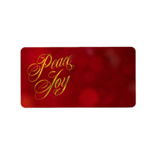Peace Joy Faux Gold Foil Christmas Red Bokeh Text Label