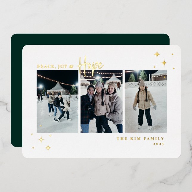 Peace Joy Hope 3 Photo Foil Holiday Card (Front/Back)