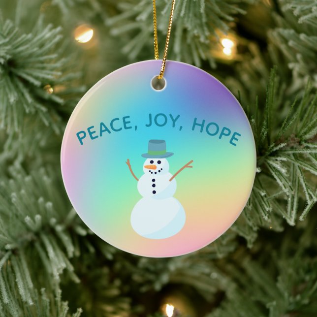 "Peace, Joy, Hope" Snowman Pastel Rainbow Ceramic Tree Decoration (Tree)