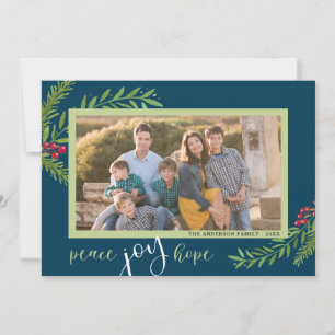 Peace Joy Hope Watercolor Blue Two Photo Christmas Holiday Card